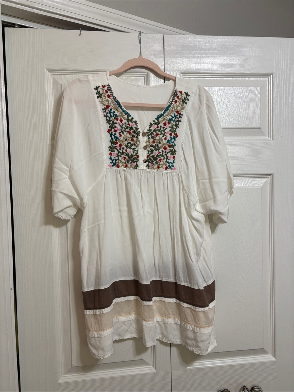 White Embroidered Mini Dress with Multicolor Floral Yoke and Contrast Hem